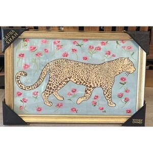 New Sapna Shah Framed Art Cheetah Big Cat Pink Flowers 18”x12” Animal Lovers